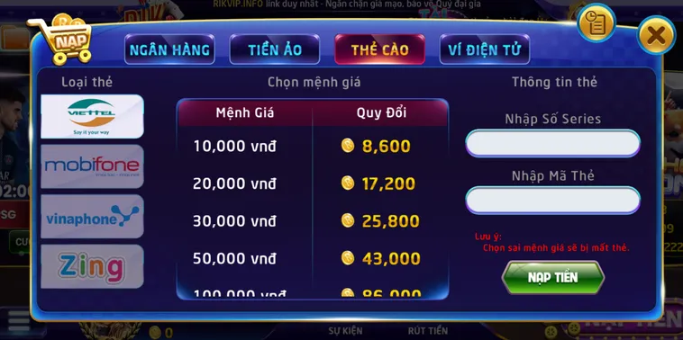 Nạp Tiền RikVip Tiện Lợi Với Đa Dạng Kênh Thanh Toán Đẳng Cấp Đỉnh Cao